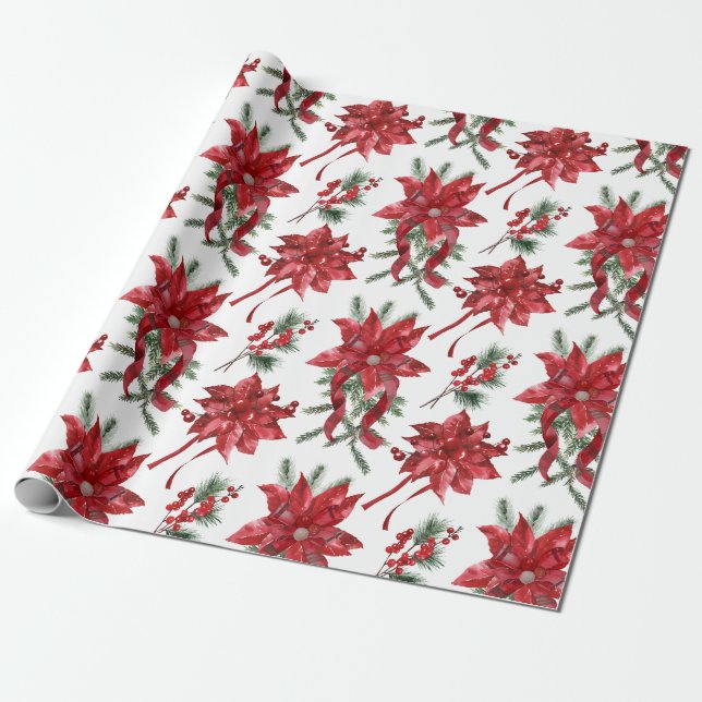 Red Poinsettias And Bows Wrapping Paper (Unrolled)