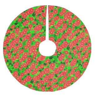 Red Poinsettias and Green Holly Brushed Polyester Tree Skirt