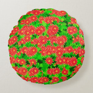Red Poinsettias and Green Holly Round Pillow