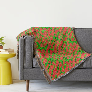 Red Poinsettias and Green Holly Throw Blanket