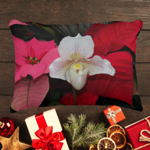 Red Poinsettias and Lady Slipper Orchid Holiday Accent Pillow