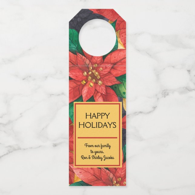 Red Poinsettias Christmas Floral Bottle Tag (Front)