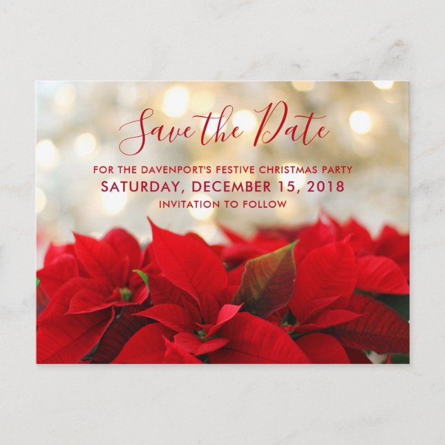 Red Poinsettias Christmas Save the Date Postcard (Front)