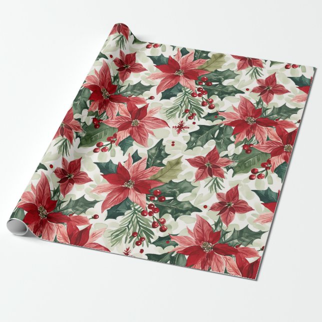 Red Poinsettias Christmas Wrapping Paper (Unrolled)