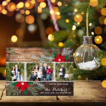 Red Poinsettias Dark Wood Merry Christmas Card