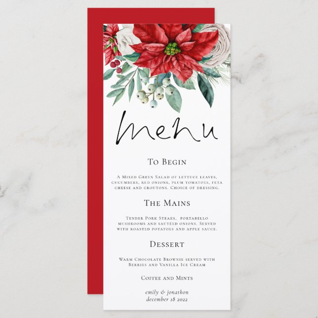 Red Poinsettias Foliage Christmas Wedding Menu (Front/Back)
