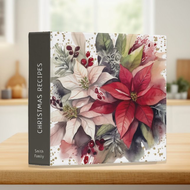 Red Poinsettias Gold Glitter Christmas Recipe Binder (Custom Christmas recipes cookbook)