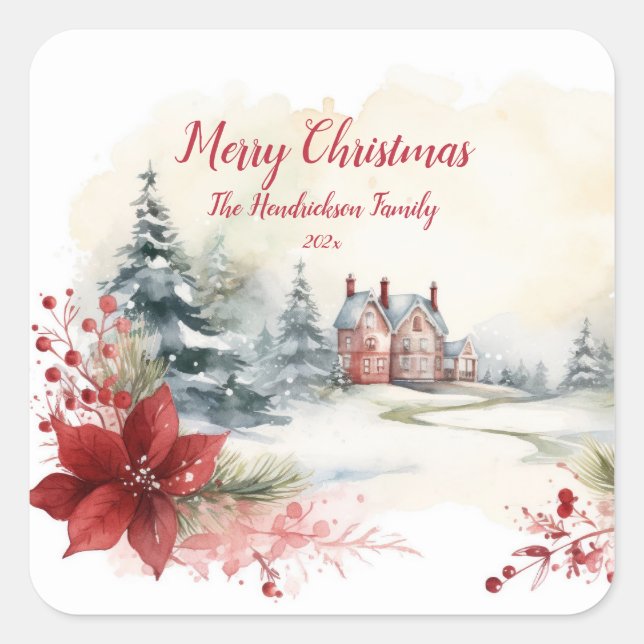 Red Poinsettias Green Pine Trees Christmas Square Sticker (Front)