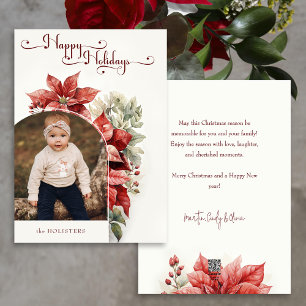 Red Poinsettias Happy Holidays Script Arch Photo Holiday Card
