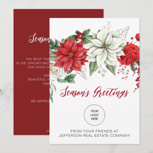Red Poinsettias Holly Company Logo Business  Holiday Card (Front/Back)