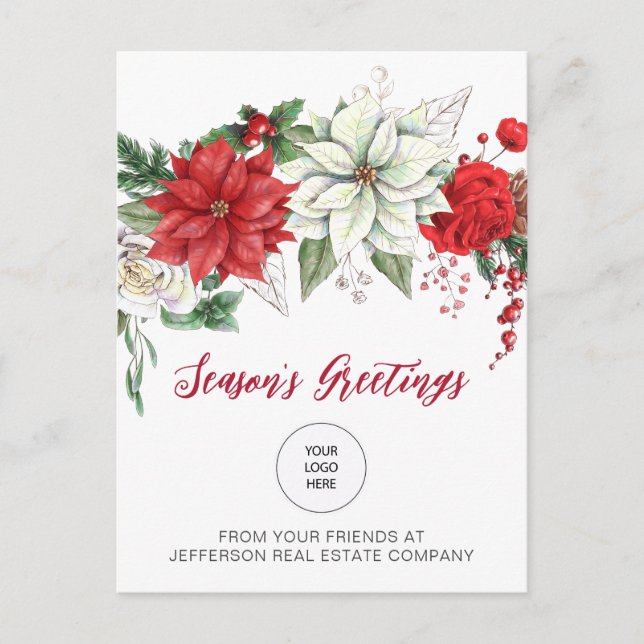 Red Poinsettias Holly Company Logo Business  Holiday Postcard (Front)