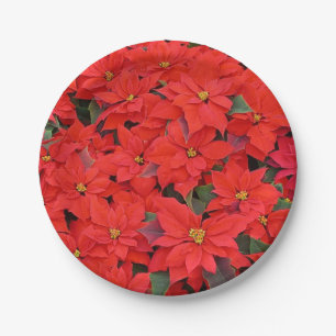 Red Poinsettias I Christmas Holiday Floral Photo Paper Plate