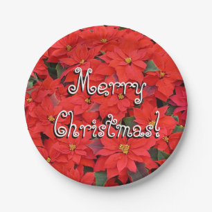 Red Poinsettias I Christmas Holiday Floral Photo Paper Plate