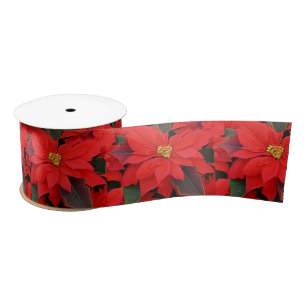 Red Poinsettias I Christmas Holiday Floral Photo Satin Ribbon
