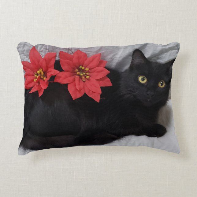 Red Poinsettias on Black Cat Photo Christmas Accent Pillow (Front)