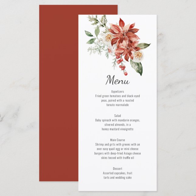 Red Poinsettias Pine and Evergreen Wedding Menu (Front/Back)
