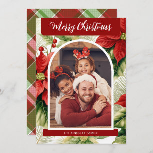 Red Poinsettias Plaid Christmas Personalized Photo Holiday Card