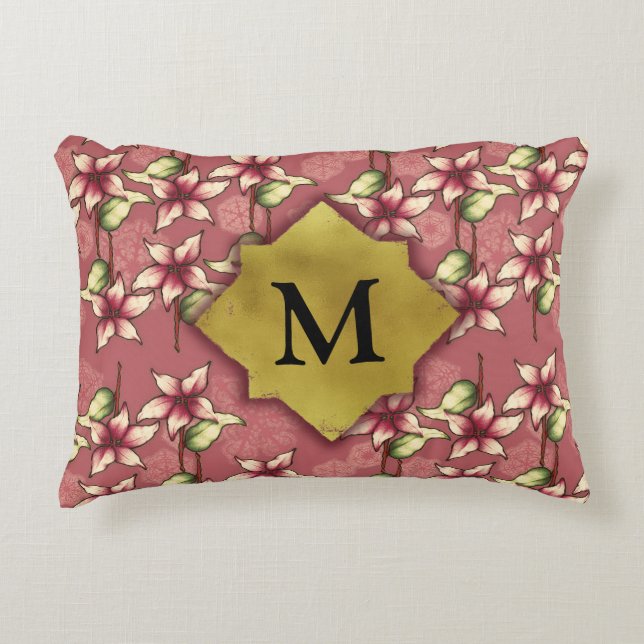 Red Poinsettias & Snowflakes Christmas Monogram Accent Pillow (Front)