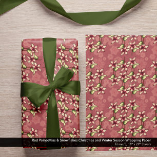 Red Poinsettias & Snowflakes Christmas Winter Wrapping Paper Sheet