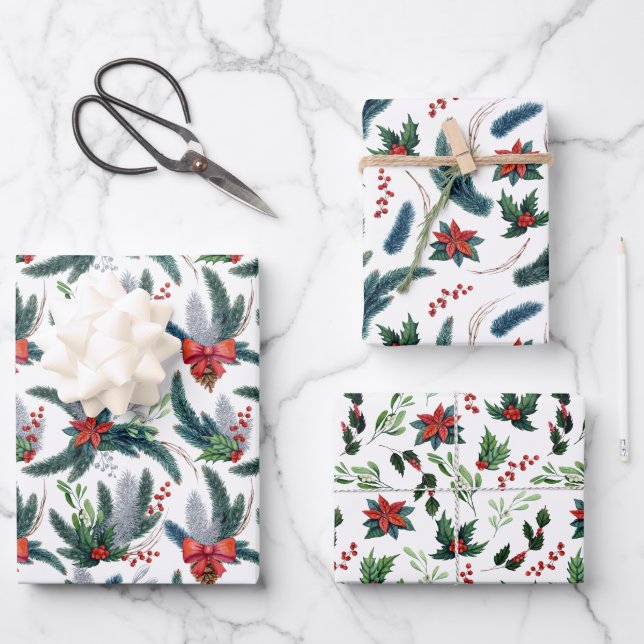Red Poinsettias Spruce Boughs and Holly Christmas Wrapping Paper Sheet (Front)
