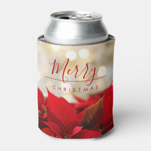 Red Poinsettias with Golden Bokeh Christmas Can Cooler