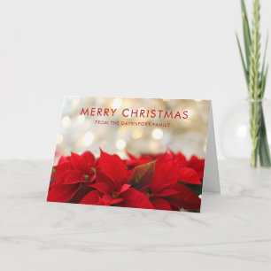 Red Poinsettias with Golden Bokeh Christmas Card