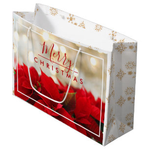 Red Poinsettias with Golden Bokeh Christmas Large Gift Bag