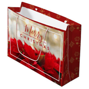 Red Poinsettias with Golden Bokeh Christmas Large Gift Bag