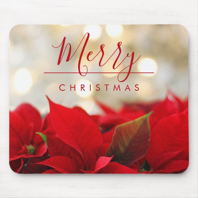 Red Poinsettias with Golden Bokeh Christmas Mouse Pad (Front)