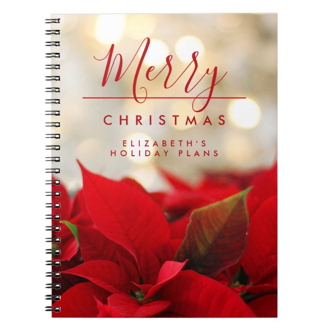 Red Poinsettias with Golden Bokeh Christmas Notebook (Front)