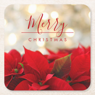 Red Poinsettias with Golden Bokeh Christmas Square Paper Coaster