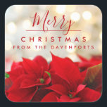 Red Poinsettias with Golden Bokeh Christmas Square Sticker<br><div class="desc">Personalized stickers with a festive holiday photograph featuring a bouquet of red poinsettias along the bottom. Shimmering golden bokeh lights in the background. Classy sophisticated  style. Merry Christmas typography written in a trendy red font.</div>