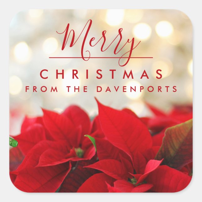 Red Poinsettias with Golden Bokeh Christmas Square Sticker (Front)