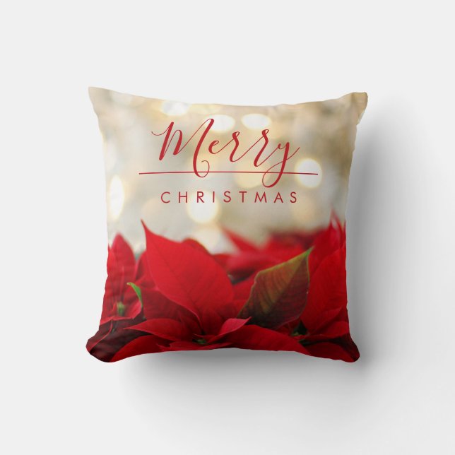 Red Poinsettias with Golden Bokeh Christmas Throw Pillow (Front)