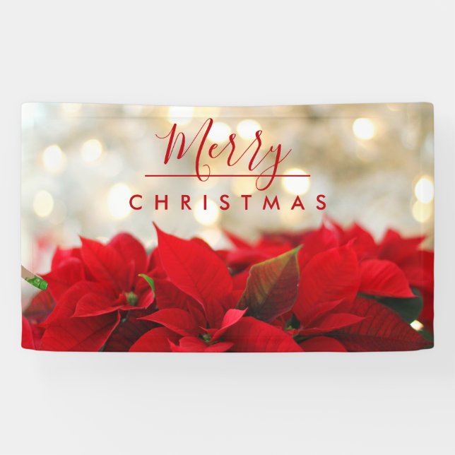 Red Poinsettias with Golden Bokeh Merry Christmas Banner (Horizontal)