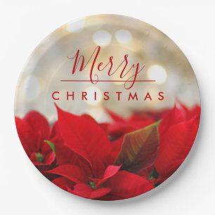 Red Poinsettias with Golden Bokeh Merry Christmas Paper Plate