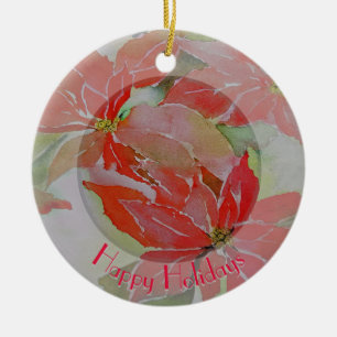 Red Poinsettias with Your Circular Text Ceramic Ornament