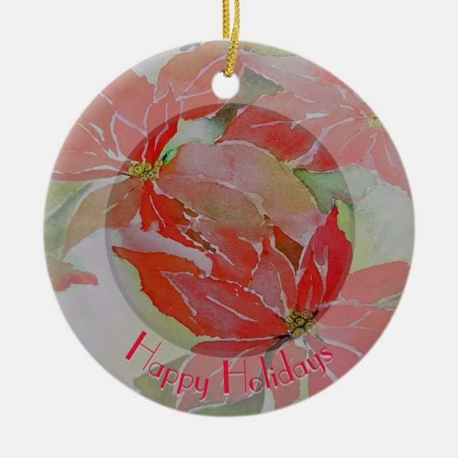 Red Poinsettias with Your Circular Text Ceramic Ornament (Front)