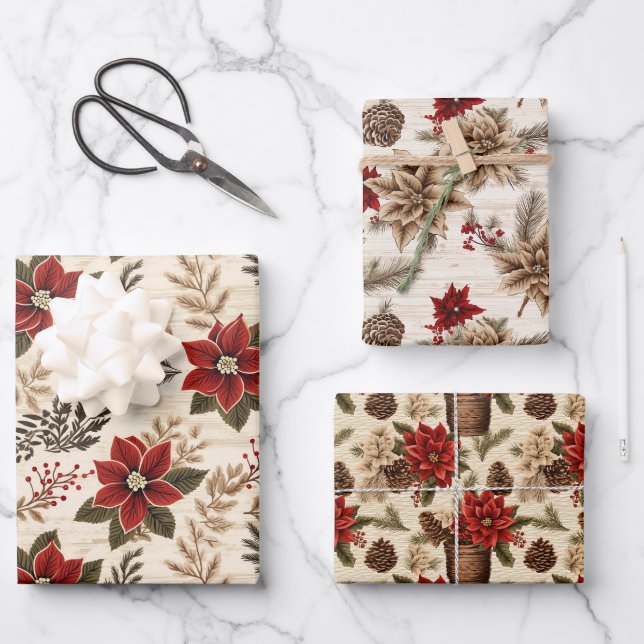 Red Poinsettias  Wrapping Paper Sheet (Front)