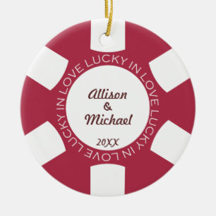 Red poker chip lucky in love couple photo vegas ceramic ornament
