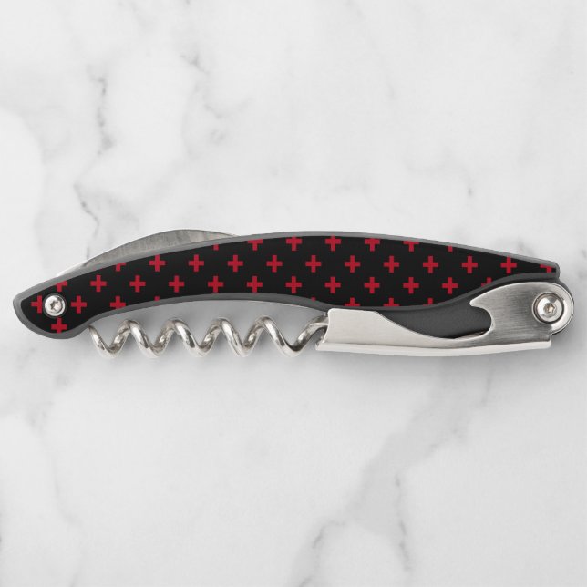 Red polka crosses on black corkscrew (Back)