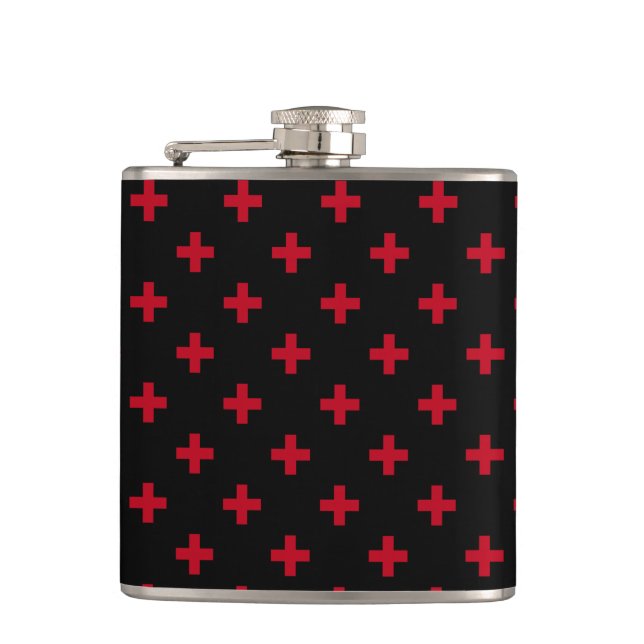 Red polka crosses on black hip flask (Front)