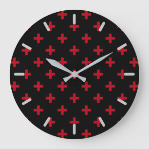Red polka crosses on black large clock