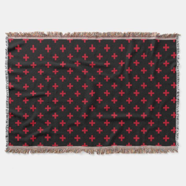 Red polka crosses on black throw blanket (Front)