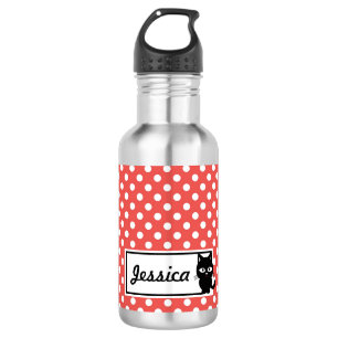 Red Polka Dot and Black Cat Personalised 532 Ml Water Bottle