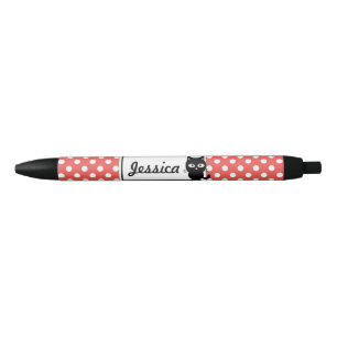Red Polka Dot and Black Cat Personalised Black Ink Pen