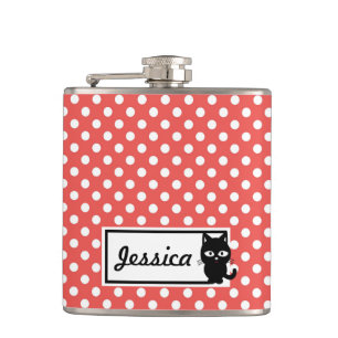 Red Polka Dot and Black Cat Personalised Hip Flask