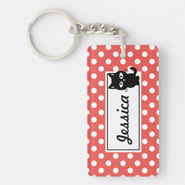 Red Polka Dot and Black Cat Personalised Keychain (Front)