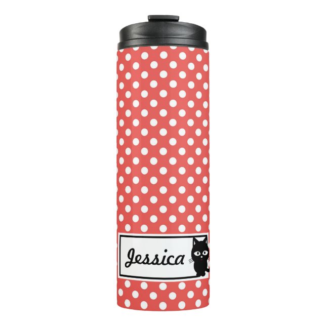 Red Polka Dot and Black Cat Personalised Thermal Tumbler (Front)