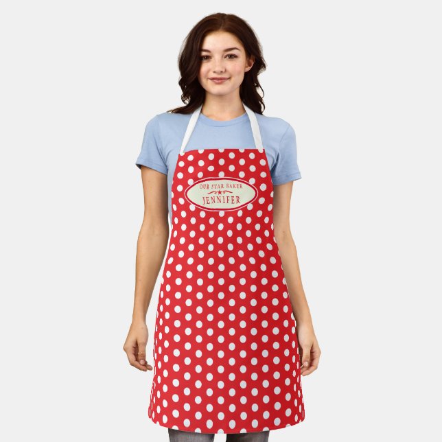 Red polka dot christmas star cake baking custom apron (Worn)